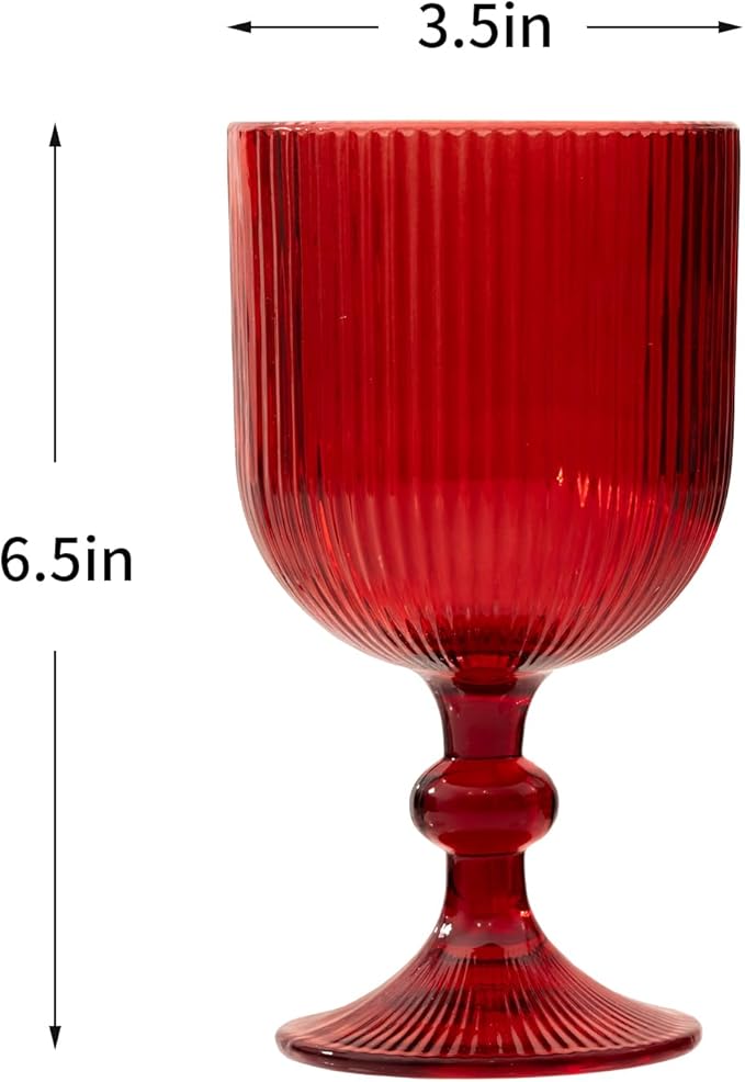 12 Pcs Red Vintage Wine Glasses, 11 Ounces Colored Glass Water Goblets, Unique Embossed Pattern High Clear Stemmed Glassware Wedding Party Bar Glass Drinking Cups Fancy Glasses Set Hand Wash Only