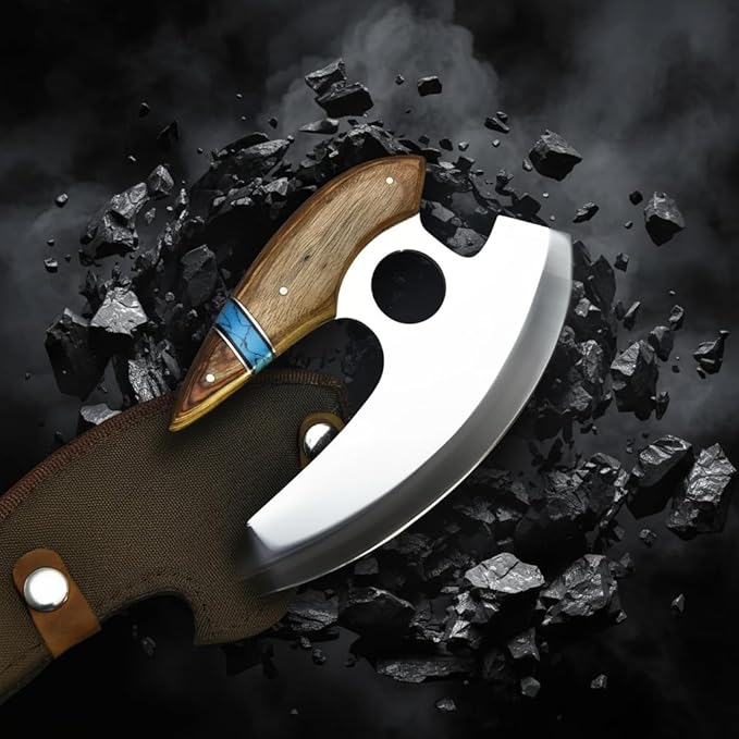 Ulu Knife – Alaskan Mezzaluna Rocker Chopper for Pizza, Meat, Salad, Vegetables – Ergonomic Wooden Handle – Multipurpose Kitchen Cutter Gift