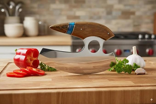 Ulu Knife – Alaskan Mezzaluna Rocker Chopper for Pizza, Meat, Salad, Vegetables – Ergonomic Wooden Handle – Multipurpose Kitchen Cutter Gift