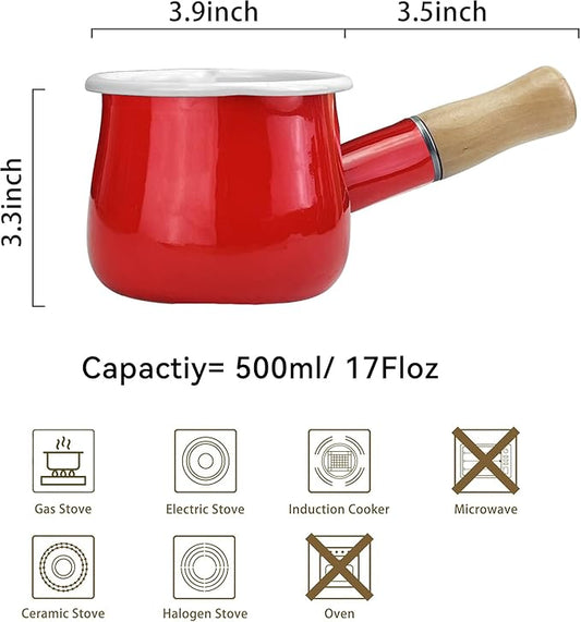 Mini Enamel Milk Pot 4 Inch 17 Oz Dual spout with Wooden Handle, Small Sauce Pan Perfect Size for Heating Smaller Liquid Portions (Red)