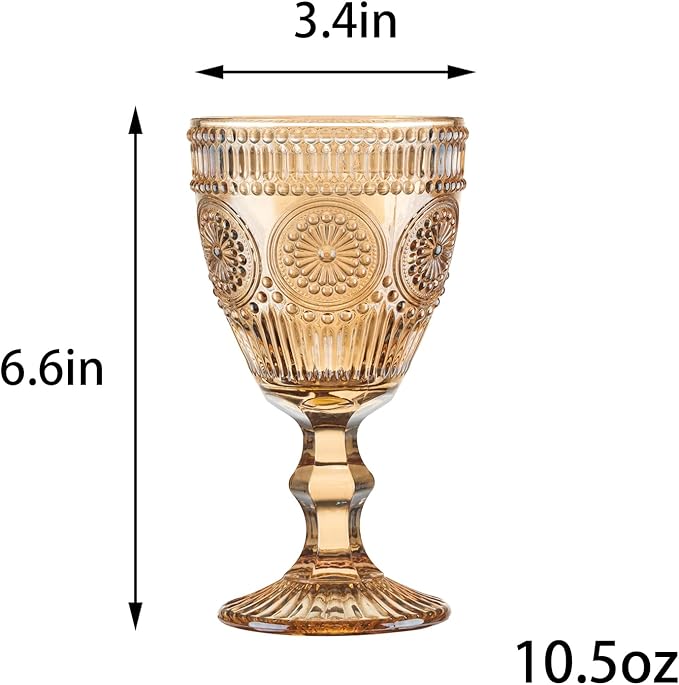 12 Pcs Vintage Wine Glasses, 10 Oz Colored Glass Water Goblets, Unique Flower Embossed Pattern High Clear Stemmed Glassware Wedding Party Bar Glass Drinking Cups Flower Amber Fancy Glasses Set of 12