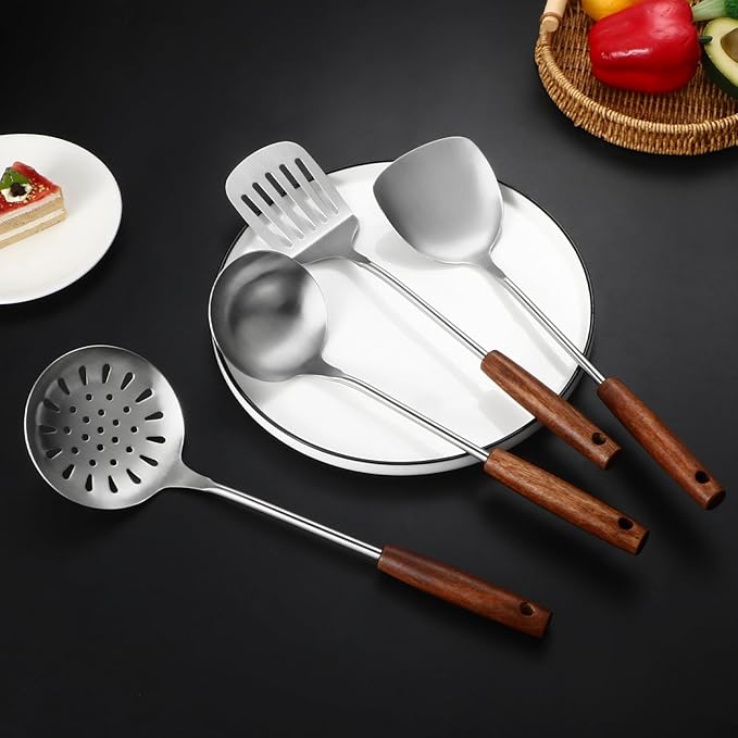 304 Stainless Steel Kitchen Utensils Set, 4 Pcs Long Cooking Utensils Set with Wooden Handle, Large Heat Resistant Kitchen Tools(Dishwasher Safe)