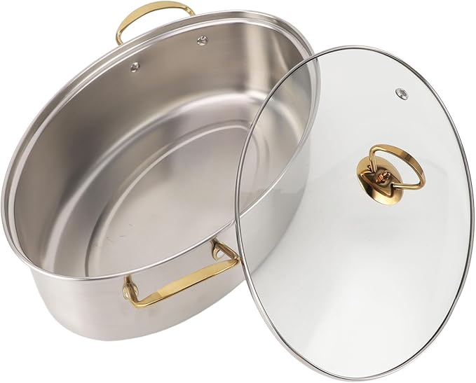 Stainless Steel Fish Poacher Pot, Oval Cookware with Glass Cover, Ceramic Plate and Steaming Rack