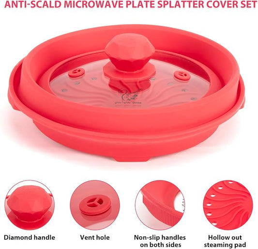 Microwave Splatter Silicone Cover Collapsible, Vented Multifunction Splash Lid with Glass Dish Bowl Plate for Food Cooking Bacon Maker, Dishwasher Safe BPA-Free 9 inch Cookware Set Red