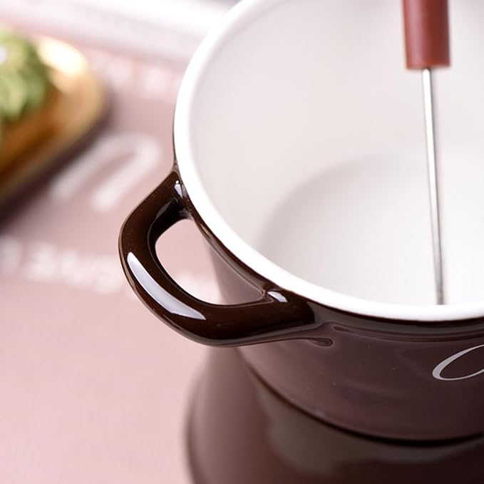 Chocolate Fondue Mug - 330 ml Ceramic Chocolate Melting Cup | Ceramic Personal Fondue Coffee Mug Warmer with Fork | Handmade Melting Butter Warmer for Appetizer Dessert Cheese (Brown)