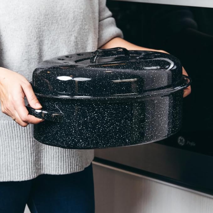 Granite Ware 19-Inch Covered Oval Roaster, 20 Lb Capacity - Enamel Steel Cookware, Dishwasher Safe & PFOA-Free, Even Heat Distribution for Roasting Poultry, Meat, or Vegetables (Speckled Black)