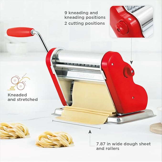 PASTALINDAClassic 200 Pasta Maker Machine, 20 cm Wide Rollers, 9 Thickness Positions, 2 Cutting Positions, Stainless Steel. Includes Reinforced Hand Crank And Two Clamps (Red)