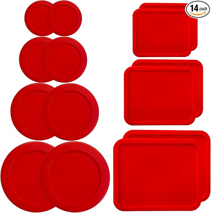 1, 2, 4 & 7 Cup Red Round & 3, 6, 11 Cup Red Rectangle Replacement Lids/Covers for Pyrex, Anchor Hocking & KlareWare Storage Bowls *Lids Only -Glass Container Not Included*, 14 Pack *2 of Each Size*