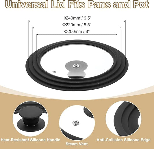 uxcell 1Pcs Universal Lid for Pot Fit 8, 8.5, 9.5 Inch Diameter Cookware, Replacement Pan Lids with Heat Resistant Silicone Rim, Steam Vent Pan Lid for Pots, Frying Pans, Skillets, Black