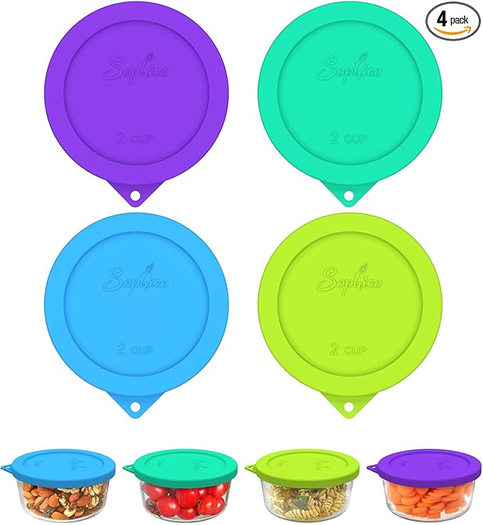Sophico 2 Cup Round Silicone Storage Cover Lids Replacement for Pyrex 7200-PC and Anchor Hocking Glass Bowls (Container not Included) | MIX-4 PACK |