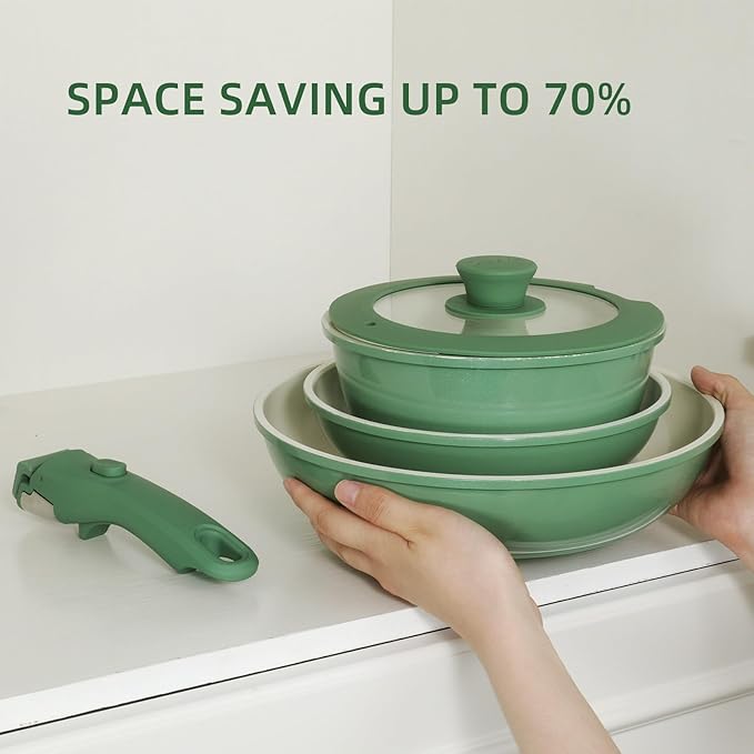 Ceramic Cookware Set Non Stick 8Pcs Pots and Pans Set Removable Handle Induction Kitchen Cookware Set with Frying Pans Oven Safe, Green