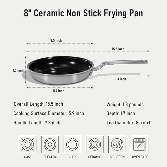 8 Inch Ceramic Non Stick Frying Pans - 5 Ply Stainless Clad Nonstick Skillet, Professional Cookware for Induction, All Stoves and Oven