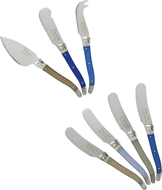 French Home Laguiole 7-Piece Cheese Knife Set - Includes Stainless Steel Spade, Spear Knife, Soft Cheese Knife & 4 Spreaders with Three-Rivet Curved Blue & Ivory Handle and Bee Emblem