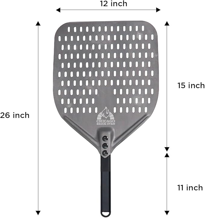 Perforated Pizza Peel - 12"x15" Anodized Aluminum Pizza Steel, 11" Handle, 26" Overall Length - Ideal Pizza Turning Peel for Pizza Oven, Brick Oven, Baking Bread