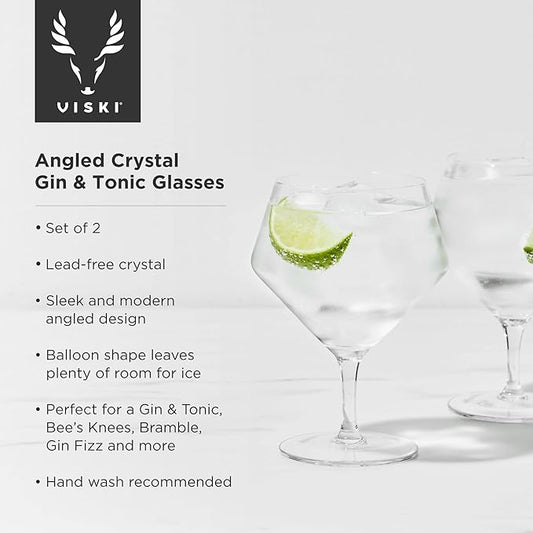 Viski Raye Angled Stemmed Gin and Tonic Glasses Set of 2 - Premium Crystal Clear Cocktail Gin Glasses for Gin Lovers Gift Set - 14oz