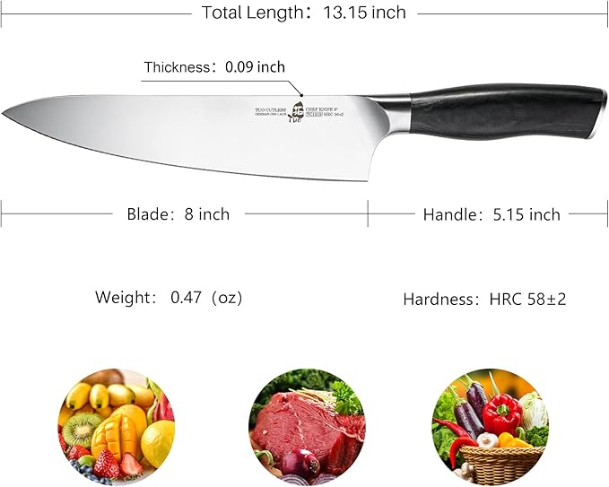 TUO Chef’s Knife - 8 inch Chef Knife Pro Kitchen Knife Ultra Sharp, Premium German High Carbon Stainless Steel, Traditional Full Tang Pakkawood Handle Gift Box, Fiery Phoenix Series - Black