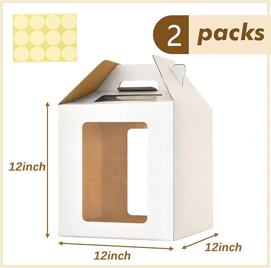 2 Pack Tall Cake Boxes for Tier Cakes,12 x12x12 Inches Large Tiered Cake Carriers with Windows,10in 12in Disposable Layer Tall Baking boxes with Handle,Durable Large cake box