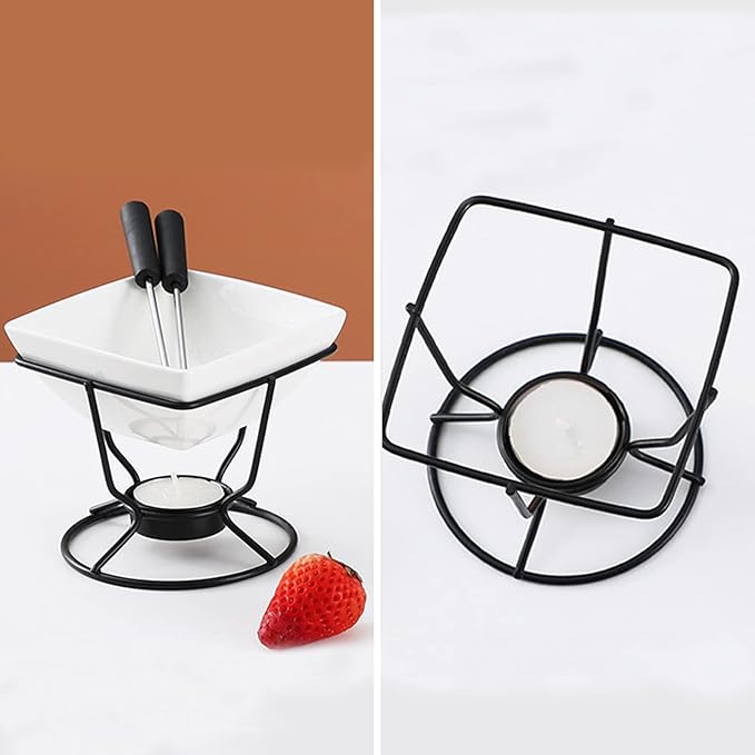 Ceramic Butter Warmers Personal Seafood Fondue Set with Shelf Candle Two Forks, Used for Melted Sauce Keeps Heat, 10.2 * 10cm