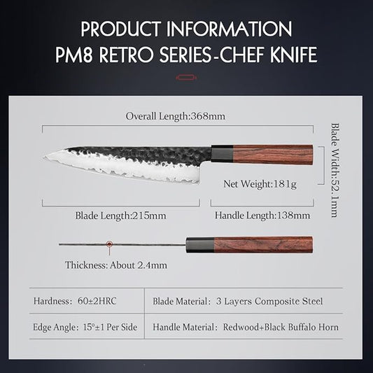 HEZHEN- 8.5 inch Chef Knife,3 Layers High Carbon Composite Forging Steel,Razor Sharp Kitchen Knife, Redwood Octagonal Handle With Wooden Knife Sheath with Premium Gift Box