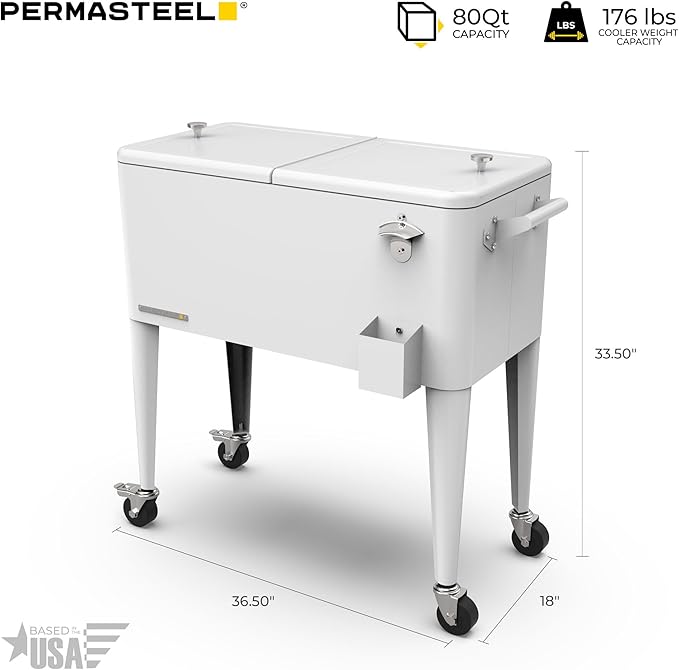 Permasteel 80 Quart Party Cooler, Rolling Ice Chest with Wheels and Handles for Indoor Outdoor Patio