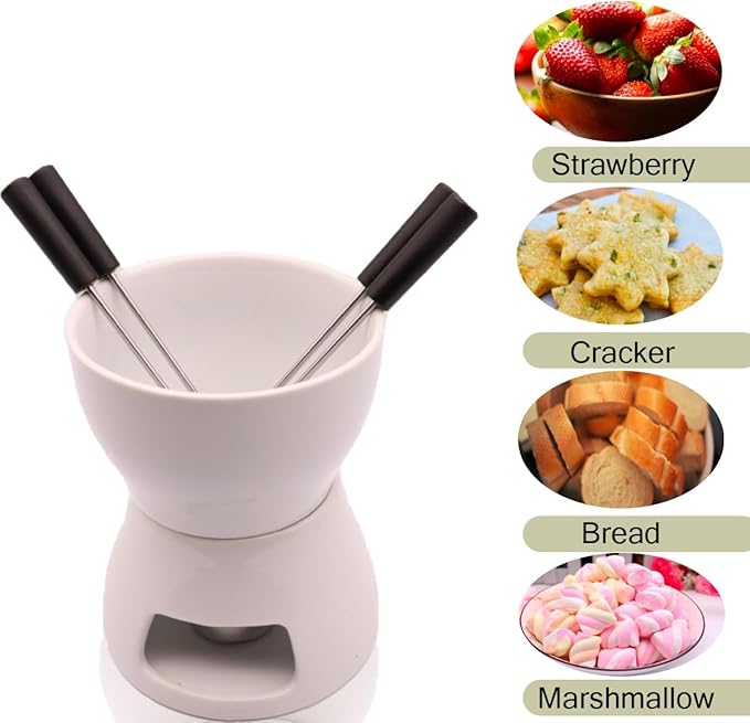 Fondue Pot Set with 4 Forks Ceramic Butter Warmer Set Premium Tea Light Porcelain Melting Pot for Chocolate Cheese Caramel
