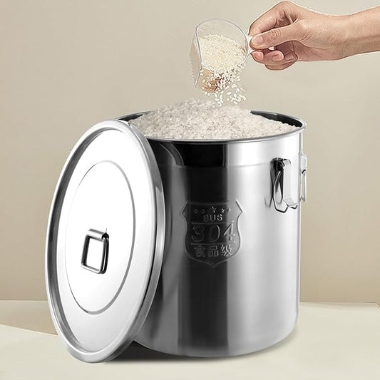 Stainless Steel Airtight Canister for Kitchen, 48L/12.68Gal Metal Food Storage Container Flour Bucket with Lid & Clamps, Bean Rice Canister Holder for Kitchen Restaurant, D15.8*H15.8in