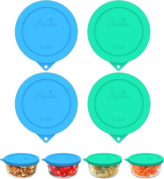 Sophico 2 Cup Round Silicone Storage Cover Lids Replacement for Pyrex 7200-PC and Anchor Hocking Glass Bowls (Container not Included) |Green-Blue 4 Pack |
