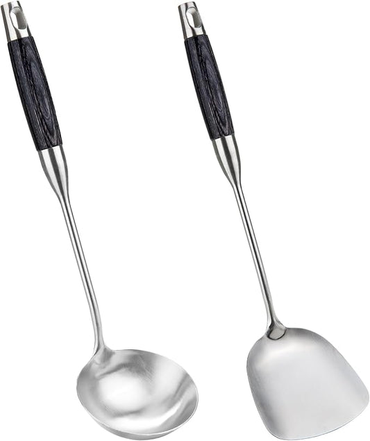 FJNATINH Wok Spatula and Ladle Set - Wok Utensil - Wok Tools - Ebony Wooden Handle Stainless Steel Cooking Utensils Wok Accessories Kitchenware Set of 2