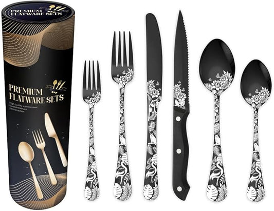 Premium 24 Piece Western Pattern Steak Knife,Fork and Spoon Set,Set for 4,Stainless Steel Cutlery Set with Gift-Ready Box,Dishwasher Safe, Ergonomic Design (Black)