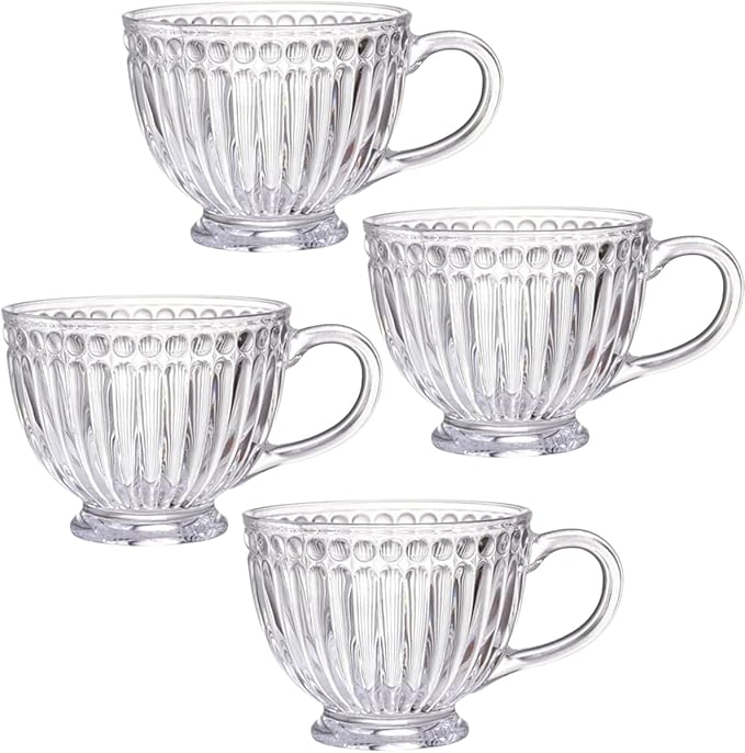 Set of 4 Glass Coffee Mugs, 12 oz Ribbed Teacups for Cappuccino, Tea, and Hot Beverages - Durable and Stylish Drinkware (Set of 4)