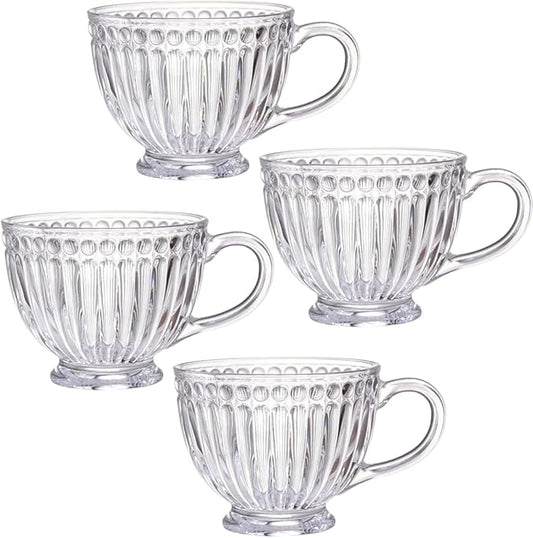 Set of 4 Glass Coffee Mugs, 12 oz Ribbed Teacups for Cappuccino, Tea, and Hot Beverages - Durable and Stylish Drinkware (Set of 4)