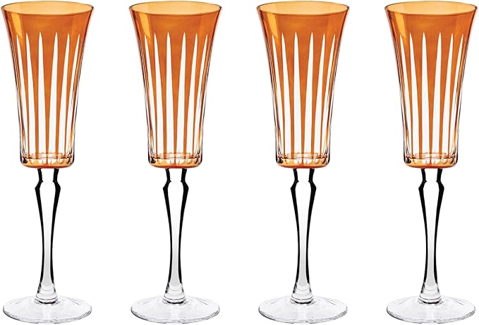 Vikko Champagne Flutes, Timeless Collection 6 Ounce Elegant Wine Glass for Fine Dining, Set of 4 Amber Goblets with Stem, Dishwasher Safe