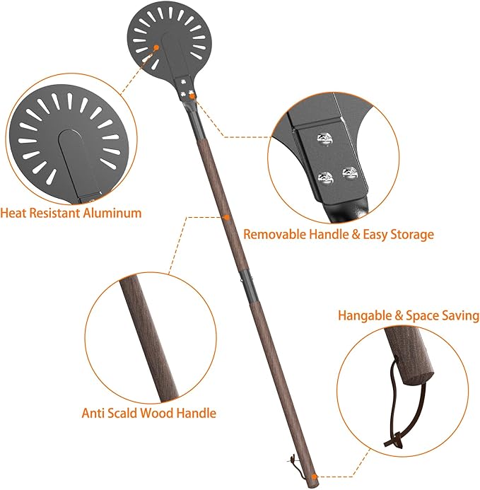 8 Inch Metal Pizza Turning Peel with 48 Inch Long Wooden Handle, Aluminum Pizza Paddle for Oven and Grill, Outdoor Pizza Oven Accessories