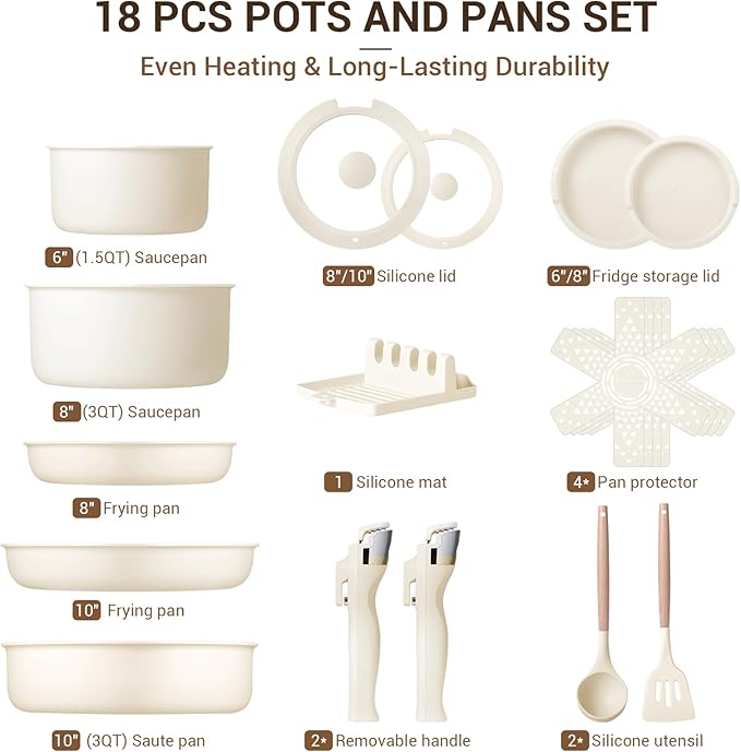 Ammeloo Ceramic Pots and Pans Set Non Stick, Non Toxic Cookware Set with Removable Handles, 18 Pcs Healthy Kitchen Cooking Set, Induction Ready, Dishwasher & Oven Safe, PFAS PFOA & PTFE Free