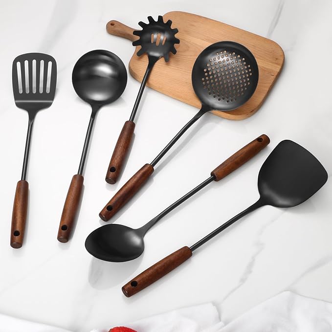 304 Stainless Steel Kitchen Utensils Set, 6 Pcs Long Cooking Utensils Set with Wooden Handle, Large Heat Resistant Kitchen Tools(Black, Dishwasher Safe)