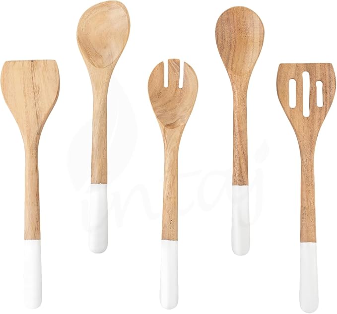 INTAJ Wood Kitchen Utensil Set – Handmade Wooden Spoons & Spatula for Cooking and Serving 5-Piece Acacia – Durable, Smooth Surface & Gentle on Cookware – Easy to Clean Kitchen Tools