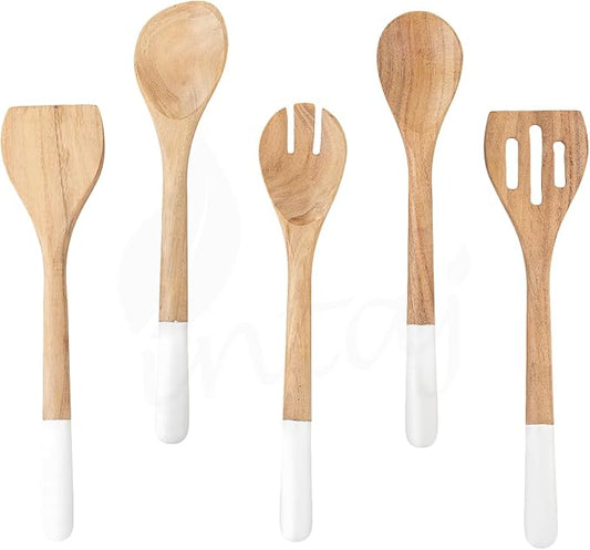 INTAJ Wood Kitchen Utensil Set – Handmade Wooden Spoons & Spatula for Cooking and Serving 5-Piece Acacia – Durable, Smooth Surface & Gentle on Cookware – Easy to Clean Kitchen Tools