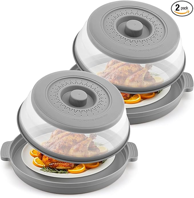 2 Pack Microwave Food Splatter Cover & Base Mat,Large Plastic & Silicone Vented Avoid Scalding Collapsible Guard Lid, Plate Holder & Kitchen Colander for Meal Prep