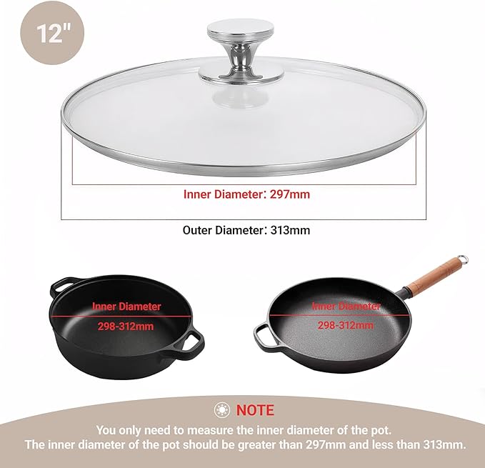 12 Inch Pan Lid for Frying Pan, Skillet, 4mm Clear Tempered Glass, Compatible with Dishwasher and Ovens