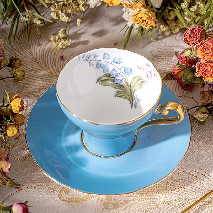 Aynsley Handpainting Colored Glaze Lily of the Valley Corset Fine Bone China English Tea Cup and Saucer Set, 6.1 oz (Turq)