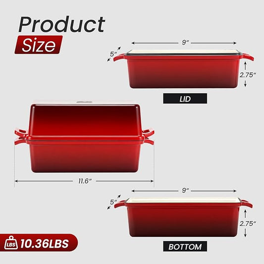 9x5 Inch Enameled Cast Iron Bread Loaf Pan with Lid, Perfect Sourdough Baking Pans | Even Heat Distribution for Homemade Bread, Cake, Meatloaf,2 Piece set,Red