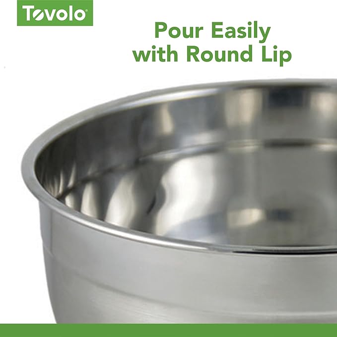 Tovolo Stainless Steel Mixing Bowls, Set of 4 - Metal Nesting Mixing Bowl Set with Rounded Lip for Easy Pour & Minimal Mess - Large & Small Dishwasher Safe Kitchen Supplies for Prep & Cooking
