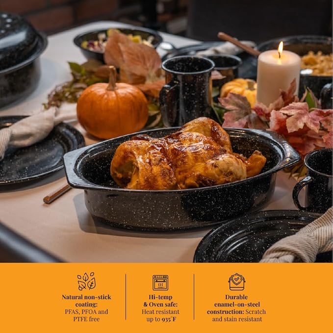 Granite Ware Roasting Set Covered 13 in and 15 in Oval roaster and 3 lb round roaster. Enameled Steel design to accomodate up to 7 lb and 10 lb poultry/roast. Resists up to 932°F.
