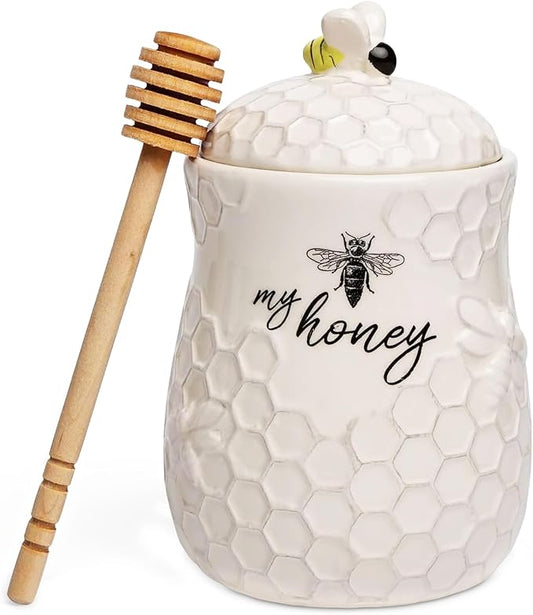 Young's Inc. Ceramic Honey Jar with Lid and Wooden Honey Dipper - Farmhouse Kitchen Decor - Tea Accessories