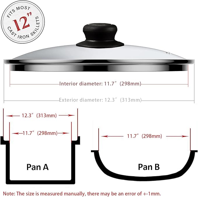 12 Inch Pan Lid - Glass Lids For 12" Cast Iron Skillet, Frying Pan, Wok, Pot Fry Pan And Dutch Ovens - Designed With Steam Vent Hole
