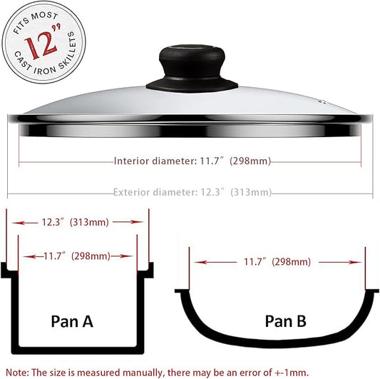 12 Inch Pan Lid - Glass Lids For 12" Cast Iron Skillet, Frying Pan, Wok, Pot Fry Pan And Dutch Ovens - Designed With Steam Vent Hole
