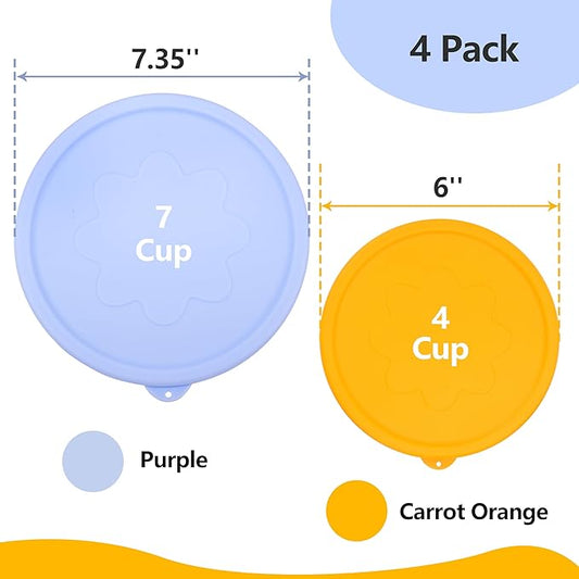 4 Cup 7 Cup Round Silicone Replacement Lids for Pyrex Glass Bowls, 4 Pack, Microwave & Dishwasher & Freezer Safe (Container not Included)