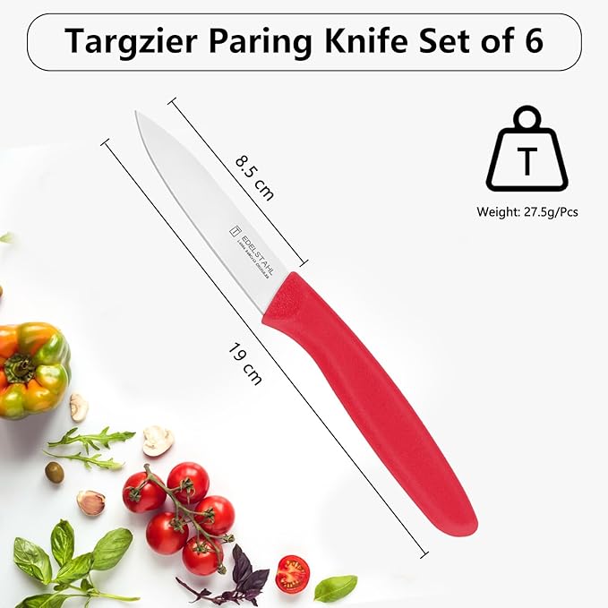 Paring Knives with Straight Edge,Spear Point,Stainless Steel Paring Knife Set of 6,Sharp Small Kitchen Knife for Cutting Vegetable&Fruit,Ergonomic Paring Knife,Red Peeling Knifes