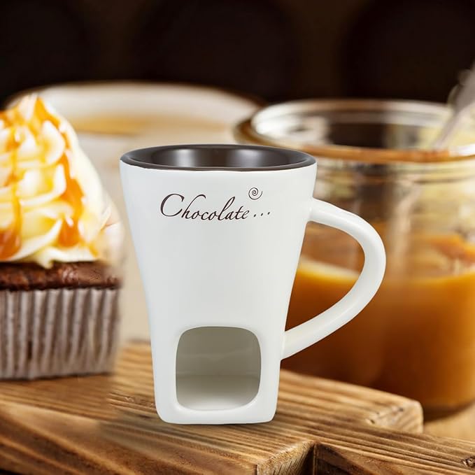 DECHOUS 2 Pack Fondue Pot Ceramic Chocolate Fondue Mug Set with 2 Forks Personal Fondue Mugs Melting Pot for Chocolate, Cheese, Butter, Suitable for Home Party Wedding