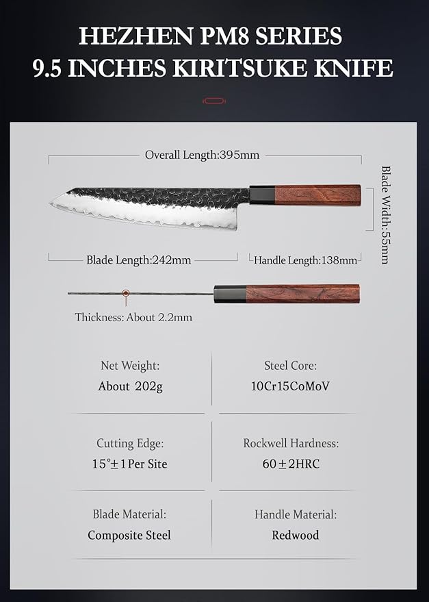 HEZHEN Kiritsuke Knife,9.5 Inches,3 Layers High Carbon Clad Steel Japanese Knife, Composite Forging Steel, Professionl Professional Japanese Kitchen Knife, Redwood Octagonal Handle